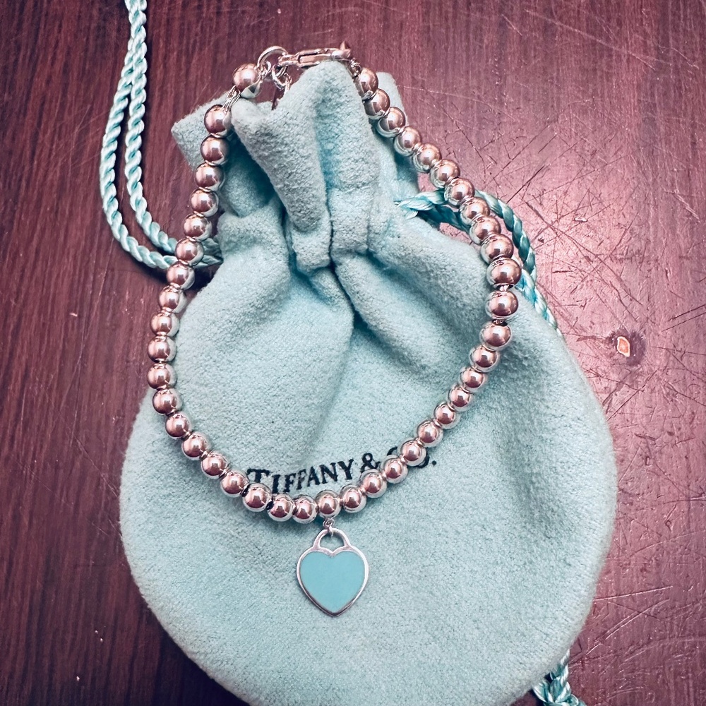 Tiffany mini beaded blue enamel heart bracelet silver